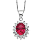Cheryl M Sterling Silver Rhodium-plated Brilliant-cut Lab Created Ruby and Brilliant-cut White CZ Oval Halo 18.25 Inch Necklace